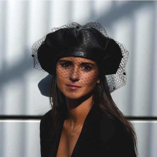 Leather beret with veil