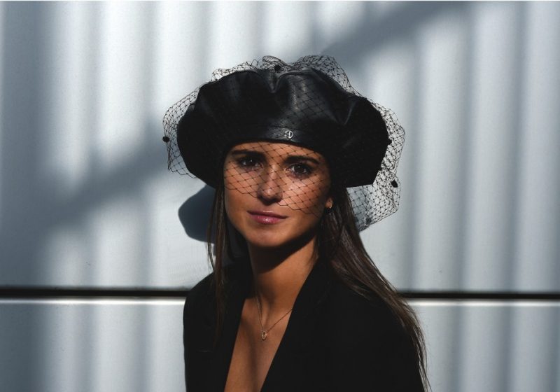 Leather beret with veil
