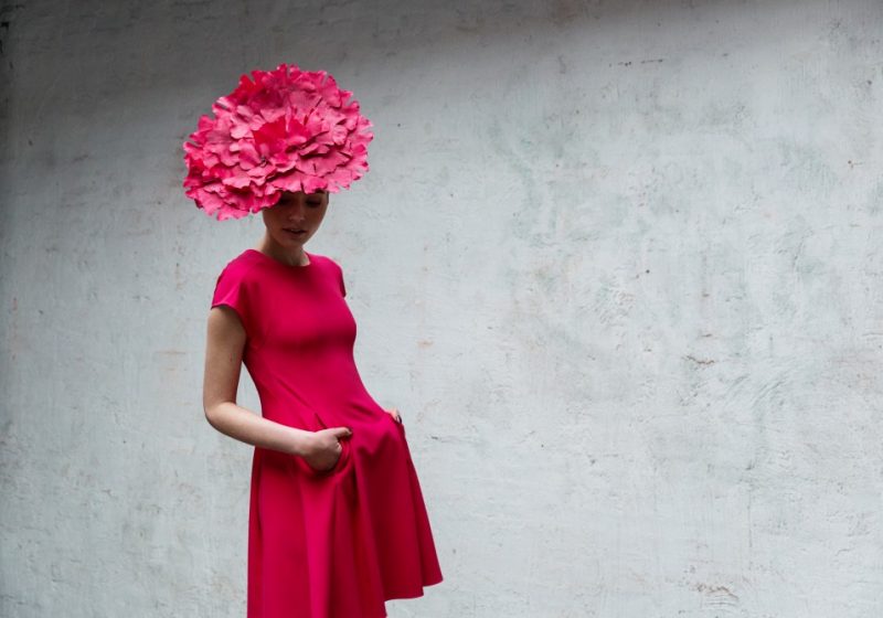 Couture hat with pink flower petals