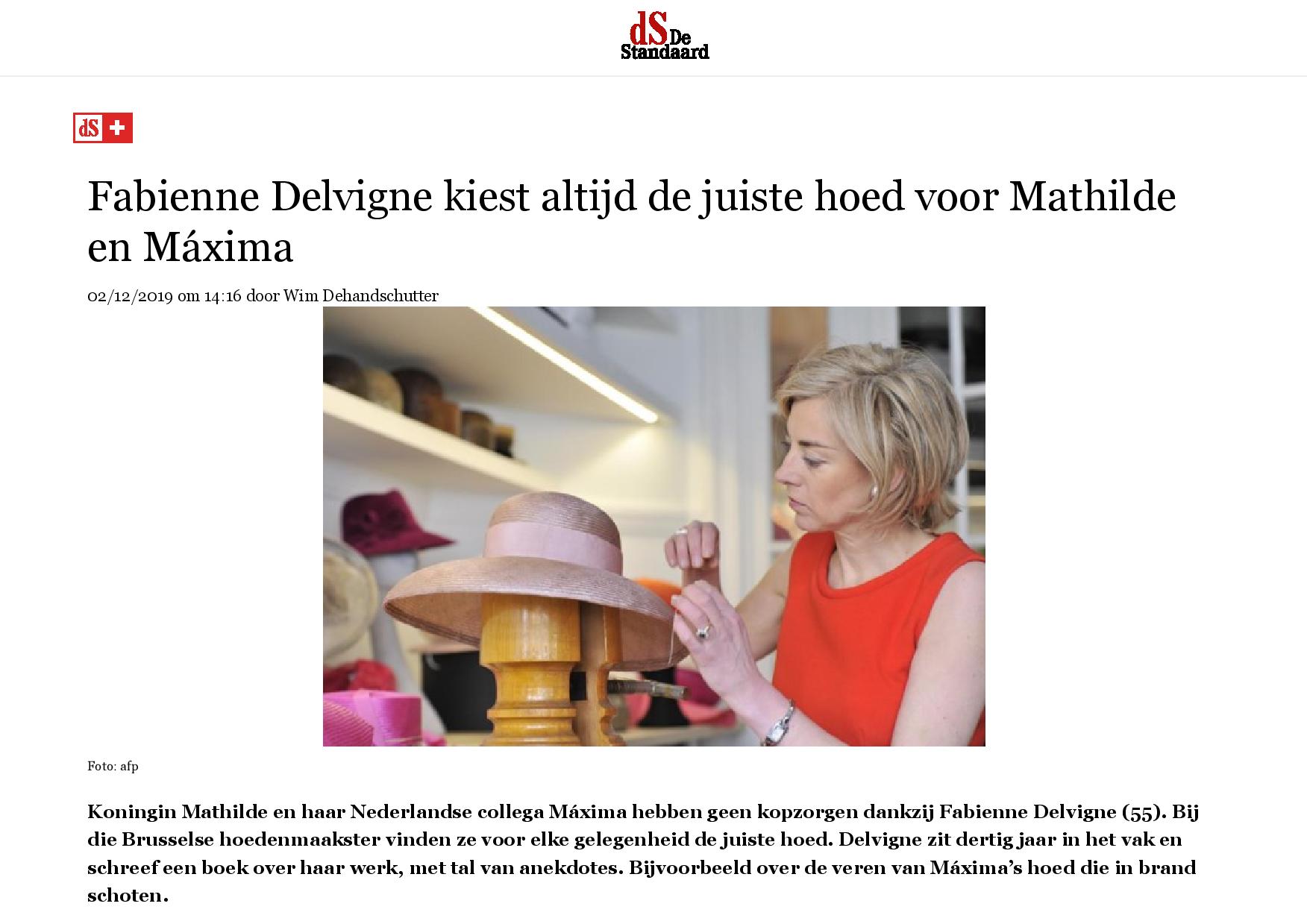 De Standaard - "Fabienne Delvigne kiest altijd de juiste hoed voor Mathilde en Máxima" (NL)