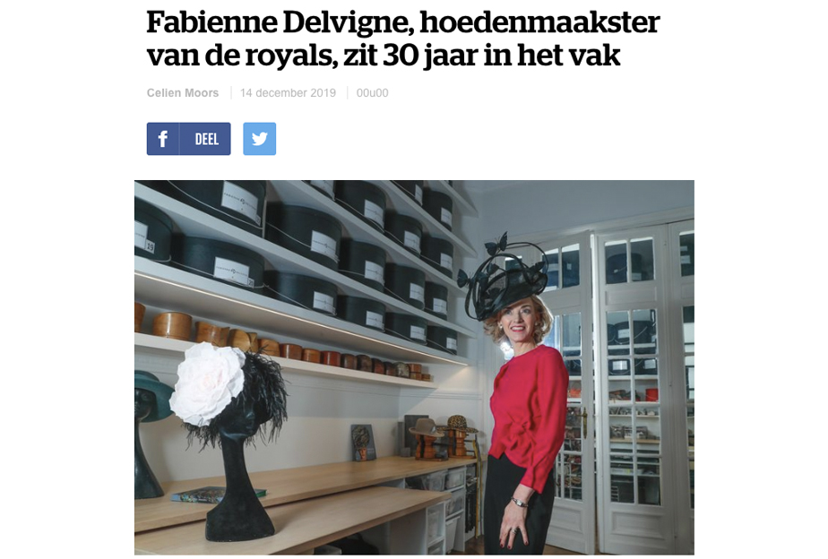 HLN - "Fabienne Delvigne, hoedenmaakster van de royals, zit 30 jaar in het vak" (NL)