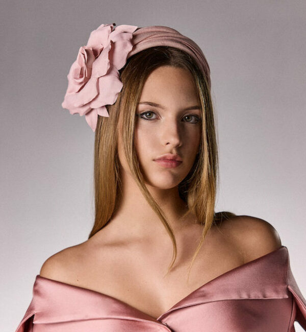 Headband with flower- Pink Althea-Maison Fabienne Delvigne